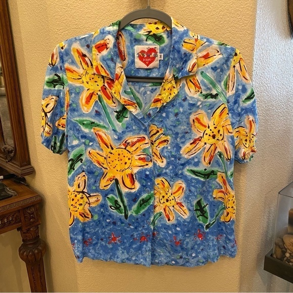 Vintage JAMS WORLD Women Floral Sunflower Button Short Sleeve Top Size Medium - Picture 1 of 9